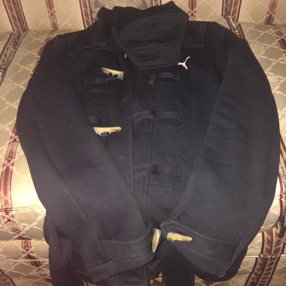 Puma Black Pea Coat with Toggle and Zipper closure along with belt.